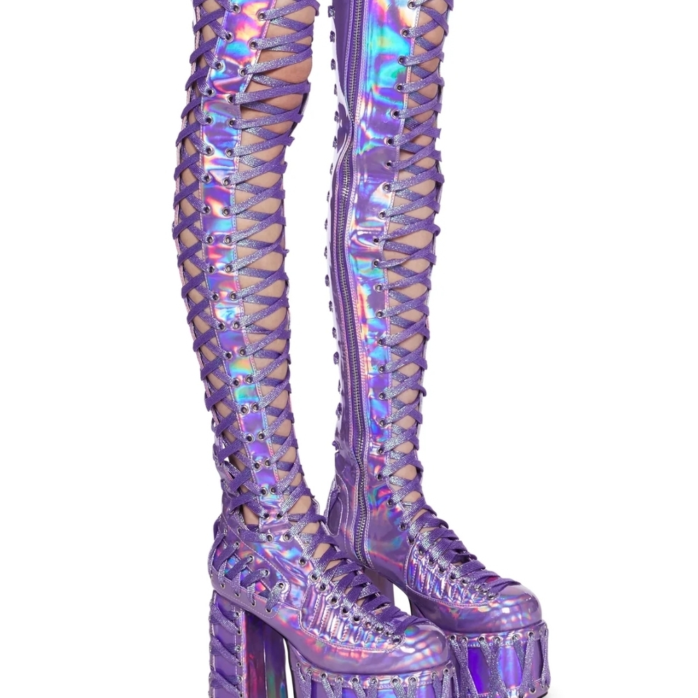 Dolls Kill Club Exx Rude Awakening Thigh High Boots - Purple Holographic